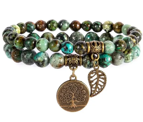 African Turquoise Stretch Bracelets Set with Life Tree and Leaf Charms