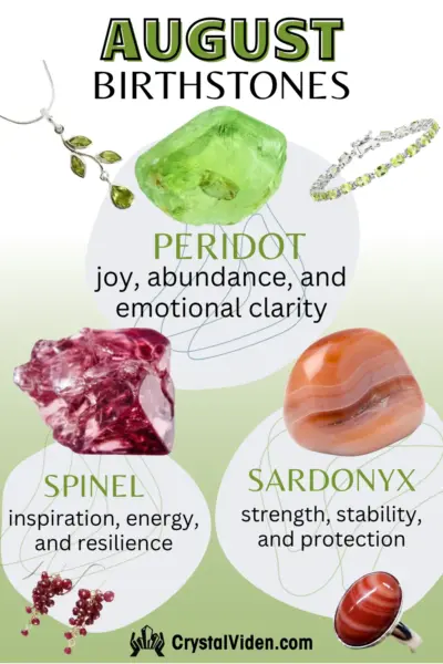 August birthstones: Peridot, Spinel, Sardonyx - crystals and jewellery - necklaces, bracelets, earrings and rings