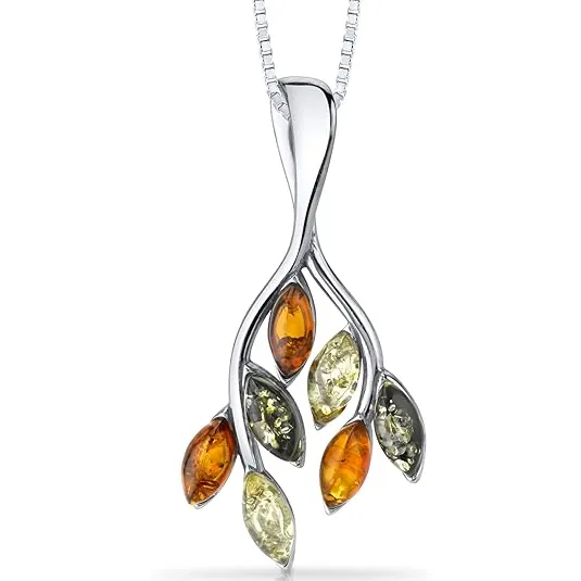 Baltic Amber Leaf Pendant Sterling Silver Necklace, Rich Cognac, Olive Green & Honey Yellow Colors