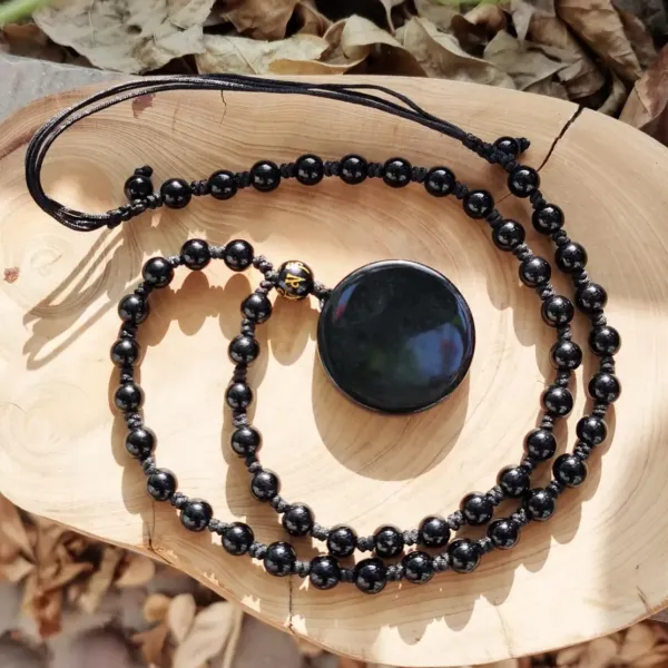 Black Obsidian beaded Necklace with Circle pendant