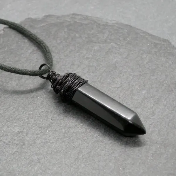 Black Onyx Unisex Protection Amulet - wire-wrapped pendant