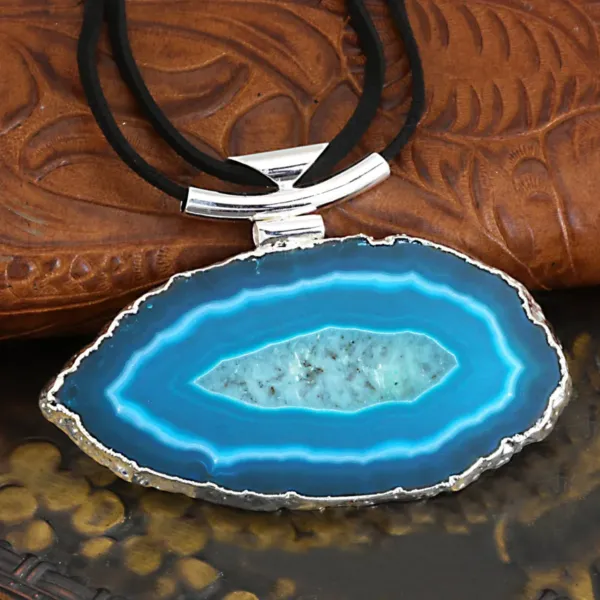 Blue Slice Agate silver Necklace with Black Leather Cord