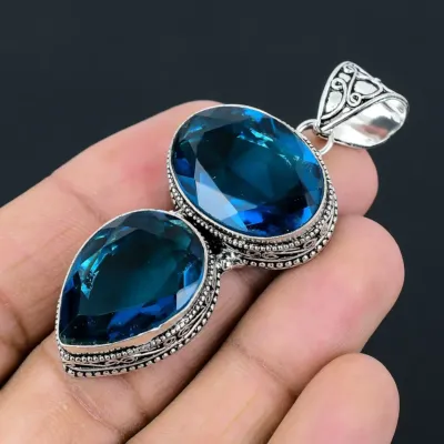 Blue Tourmaline silver two stones Pendant