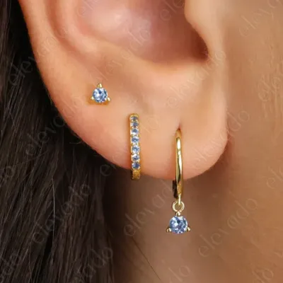 Blue Zircon Huggie Hoop Earring Set, December birthstone