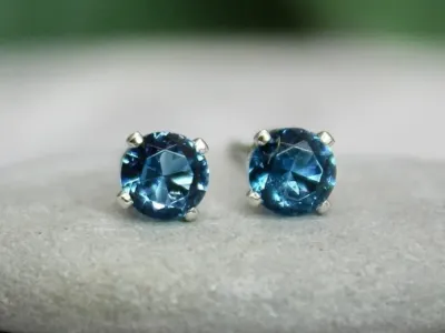 Blue Zircon Stud Earrings Sterling Silver December birthstone