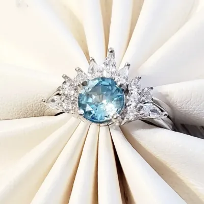 Genuine Blue Zircon Wedding Ring Set, Art Deco style, December birthstone