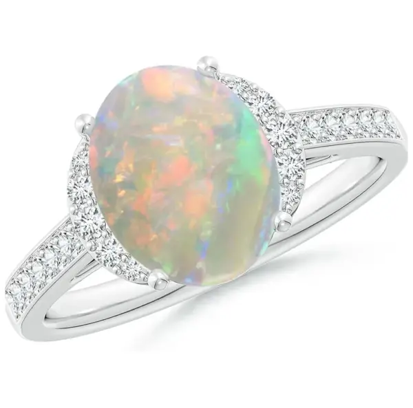 Classic Solitaire Oval Opal and Diamond Collar Ring by Angara
