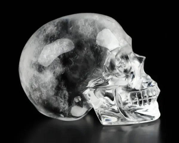 Clear Quartz Crystal Realistic Skull on black background