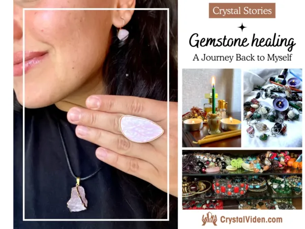 Gemstone healing - crystal stories: lady with rose quartz jewelry set, onyx candle holder, string of gemstones with candles
