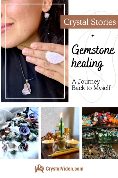 Gemstone healing - crystal stories: lady with rose quartz jewelry set, onyx candle holder, string of gemstones with candles