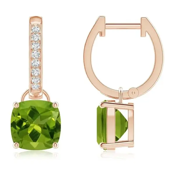 Cushion Peridot Drop Earrings with Diamond Accents by Angara