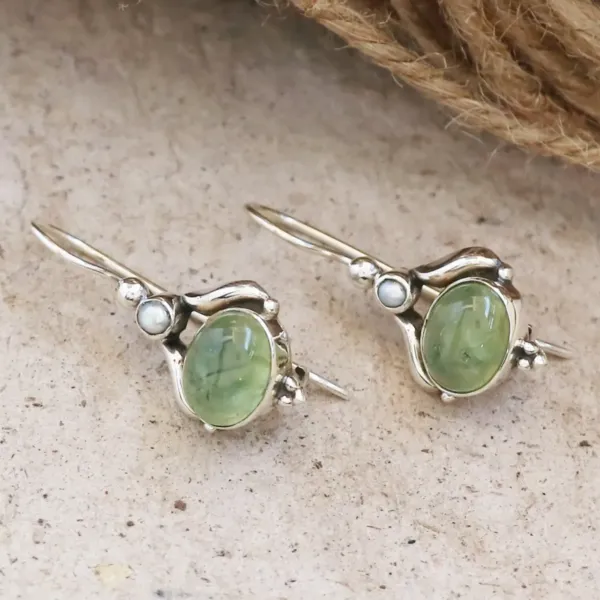 Dangle & Drop light green Prehnite Earrings with Small Pearl