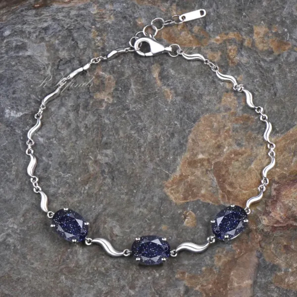 Delicate Three Stone Blue Goldstone silver Bracelet