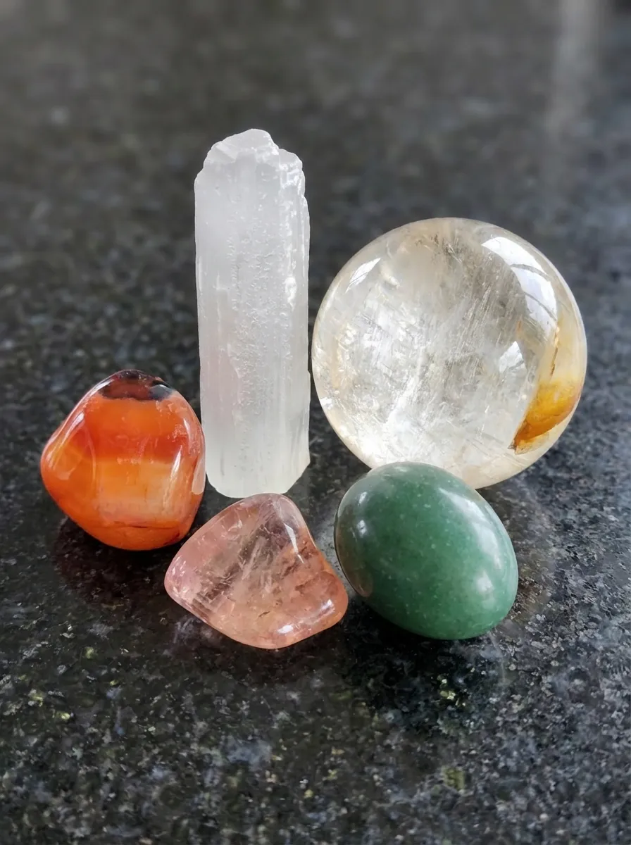 Five elements stones - orange carnelian, green nephrite jade, selenite, pink tourmaline, and clear quartz sphere