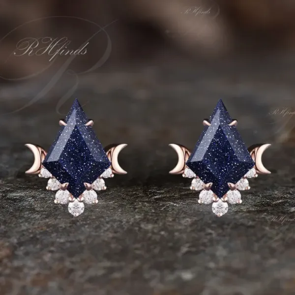 Galaxy Kite Cut Blue Goldstone Stud Earrings with Moissanite Moons
