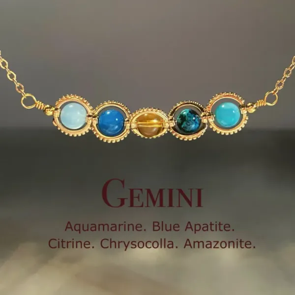 Gemini gold Necklace with Aquamarine, Citrine, Amazonit, Chrysocolla, and Blue Apatite crystal balls