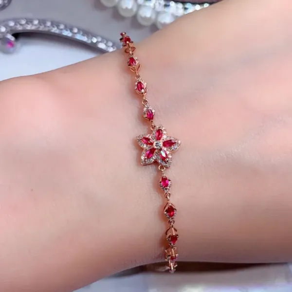 Genuine Ruby rose gold Bracelet with Diamonds in flower shape
