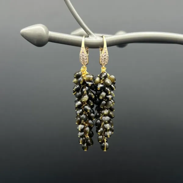 A pair of Gold-Plated Cluster Earrings with Golden Sheen Obsidian