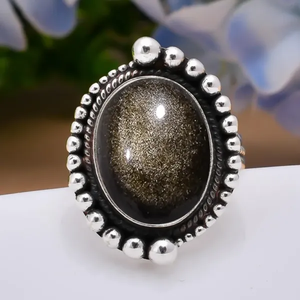 Golden Sheen Obsidian Silver Adjustable Ring