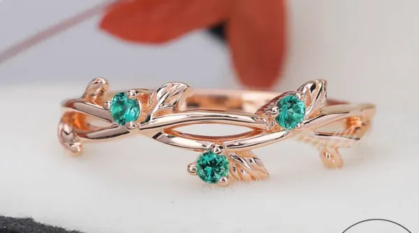 Green Emerald Leaf rose gold Ring