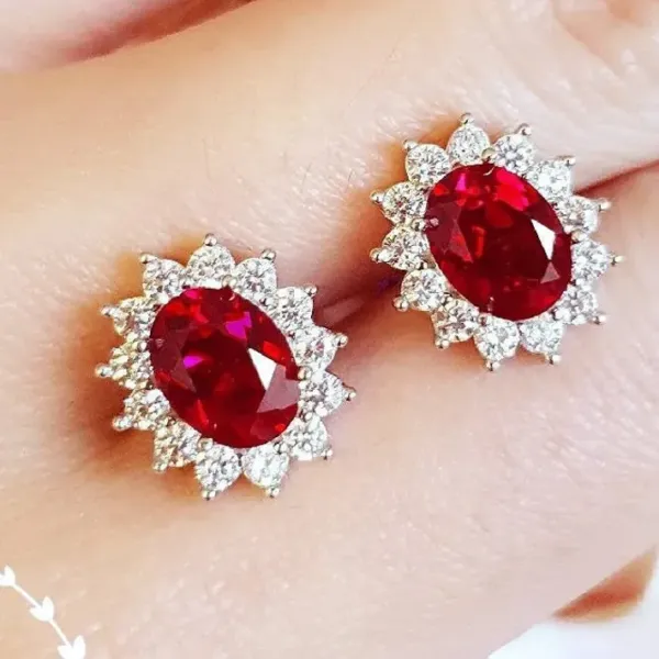 Pigeons blood oval Halo Ruby Stud Earrings