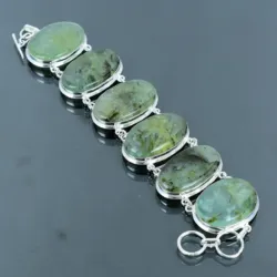 Handmade Prehnite Sterling Silver Bracelet with 6 large oval stone pieces