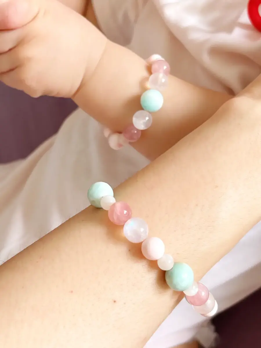 Healing Stone Bracelets - Moonlit Ocean - larimar, pink conch shell, moonstone, and rose quartz
