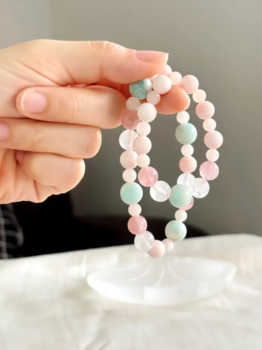 Healing Stone Bracelets - Moonlit Ocean - larimar, pink conch shell, moonstone, and rose quartz