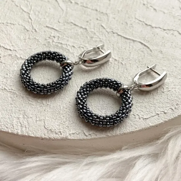 Hematite seed bead dangle drop silver earrings