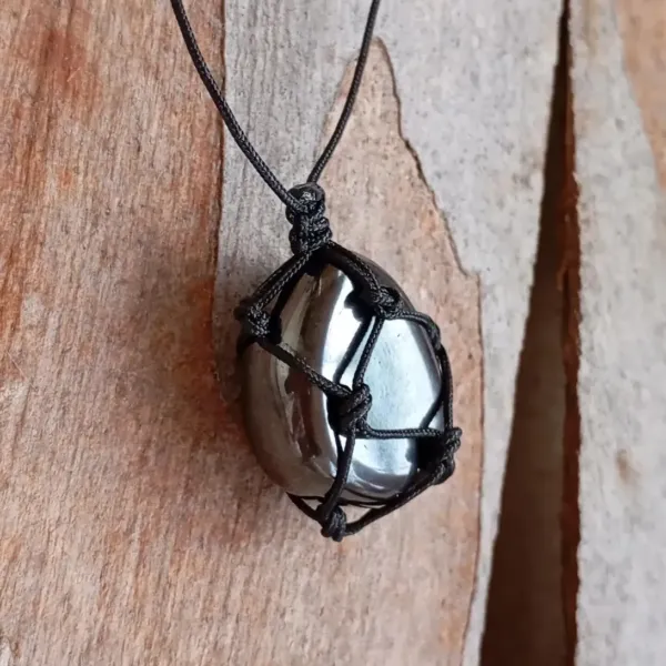 Polished Hematite wrapped in the net, Unisex Necklace