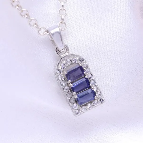 Iolite Baguette Cut silver Pendant with three Iolite crystal surrounded by small diamond like crystals