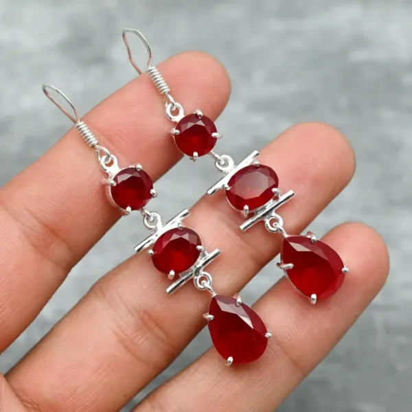 Kashmir Red Ruby Drop silver Earrings