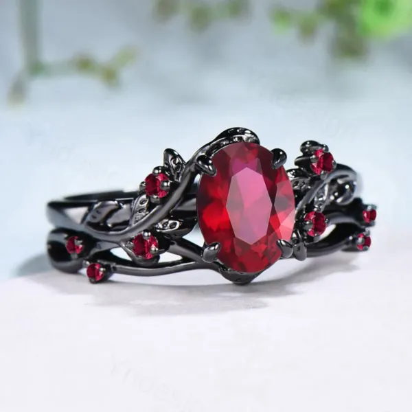 black gold Leaf Ruby Ring Set