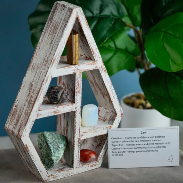 Leo Crystal Set Shelf with opalite, carnelian, garnet, ruby zoisite, and a tiger's eye.