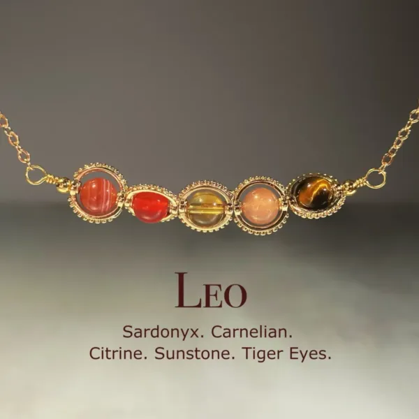 Handmade Leo Crystal Gold Necklace with Carnelian, Sunstone, Tiger Eye, Sardonyx and Citrine balls