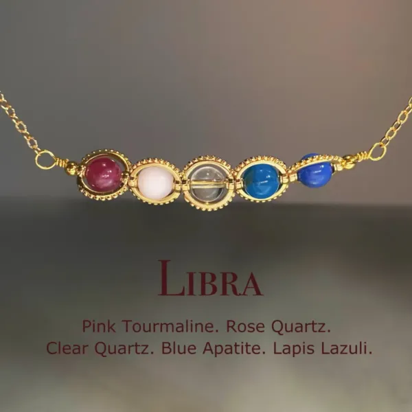 Handmade Libra gold Necklace with Pink Tourmaline, Rose Quartz, Clear Quartz, Blue Apatite, and Lapis Lazuli balls