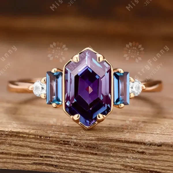 Long Hexagon Cut Alexandrite Ring