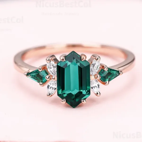 Long Hexagon Emerald Ring with Moissanite stones