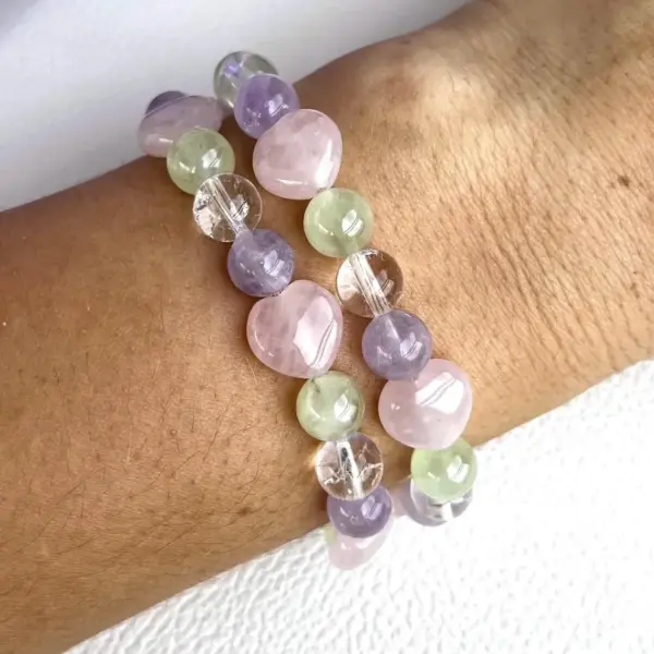 Love, Clarity and Peace Healing Bracelet with Rose Quartz, Lavender Amethyst, Clear Quartz, and Prehnite