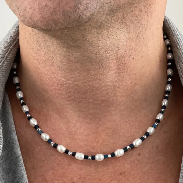 Men wearing White Freshwater Pearl Necklace with Hematite and silver beads.