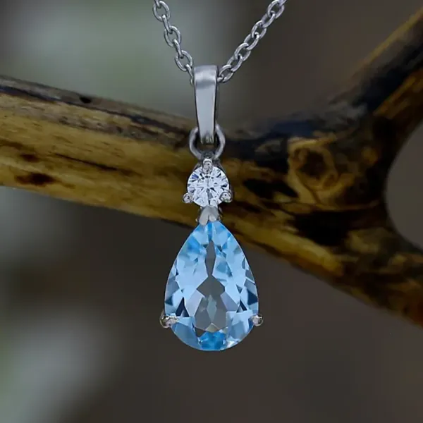 Natural Blue Aquamarine Pear Shape white gold Necklace