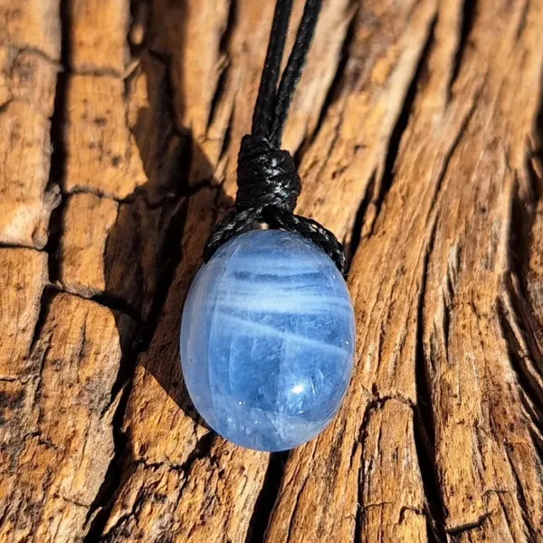 Natural Oval Blue Calcite Cabochon Necklace Leather Cord Black