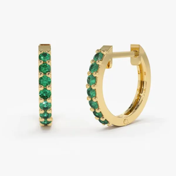 Natural green Emerald Huggie Hoop gold Earrings with 14 small crystals