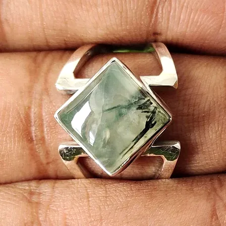 Natural Prehnite Square sterling silver geometric Ring