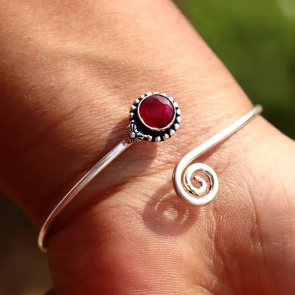 Natural Ruby Silver Bangle with spiral end