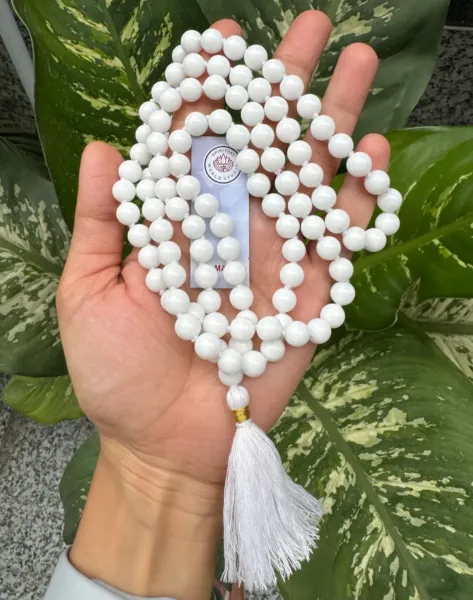 Natural White Onyx Mala Beads Necklace with white tassel