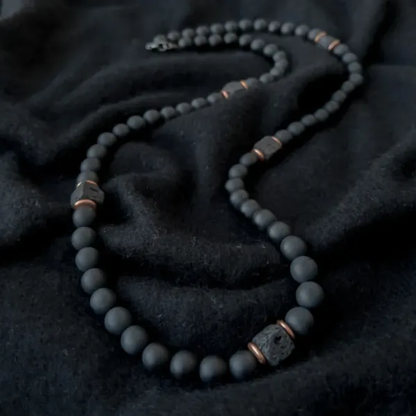 Necklace for Men - Matte Black Onyx with Lava Cube