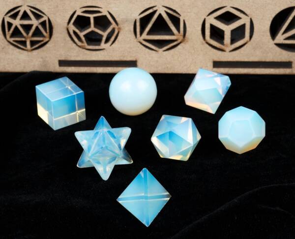 Crocon Opalite 7Pcs platonic solids crystal geometry set, Sacred Geometric stones for Meditation and Chakras
