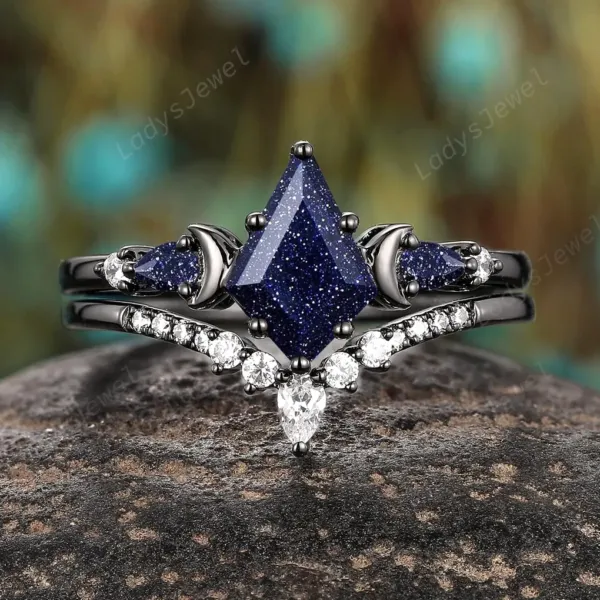 Orion Nebula Blue Goldstone Kite shape Ring Set