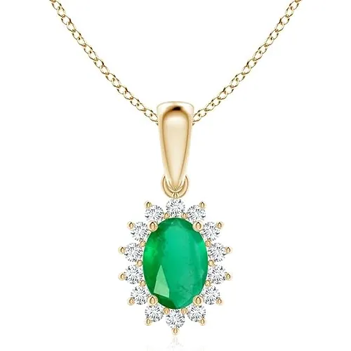 Oval green Emerald Pendant with Floral Diamond Halo by ANGARA